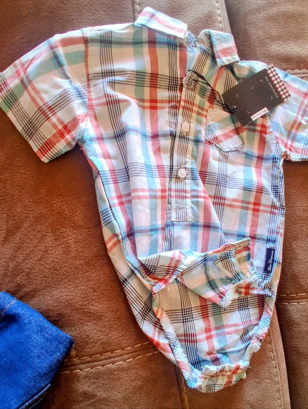 NWT Ben Sherman Brand Baby Boys 2 Piece Outfit. Shirt & Jean Shorts. Sz 6/9 Mos
